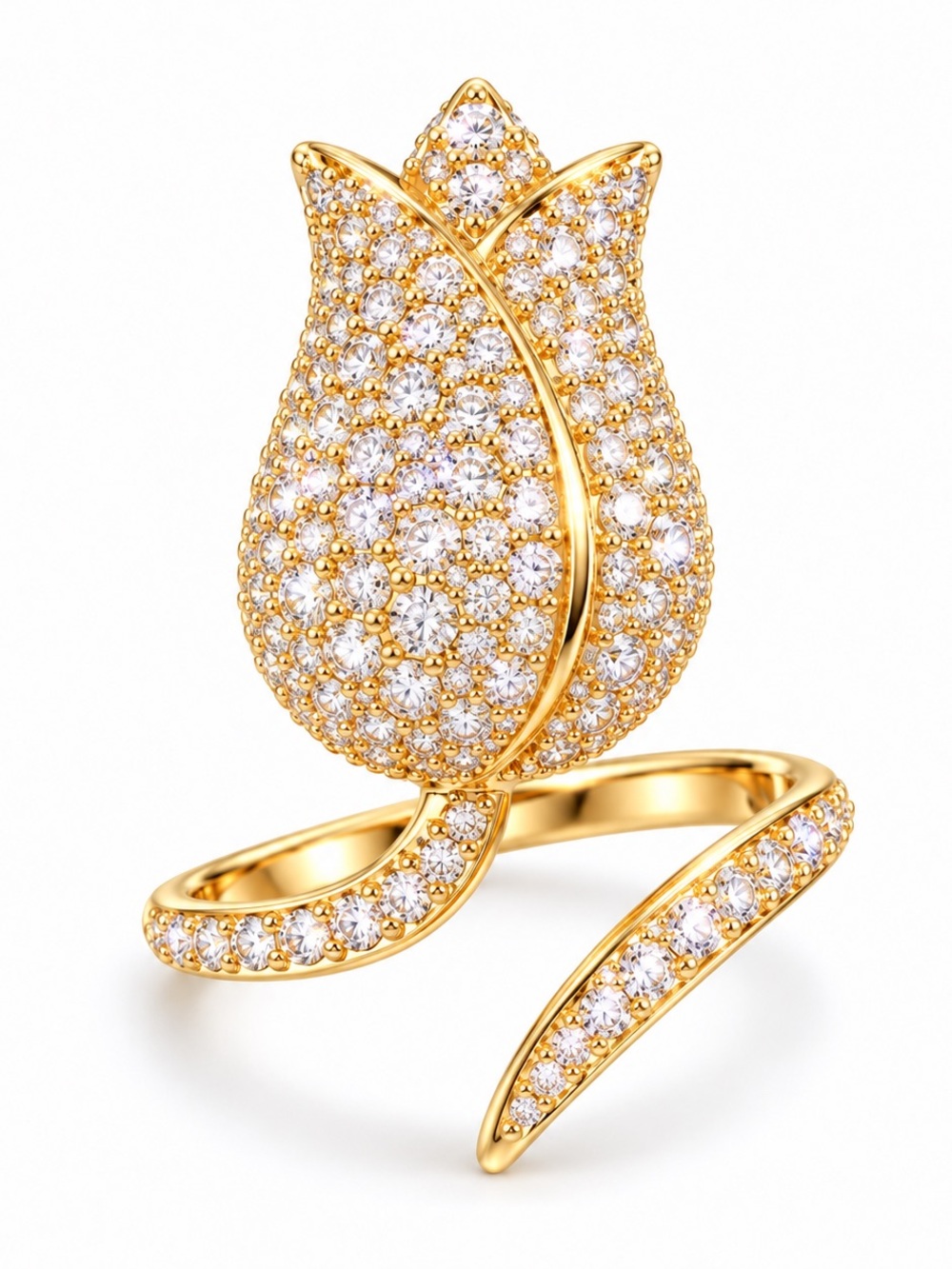 Gold Tulip Pavé Ring Sparkling Gold Pave Floral Statement Cocktail Ring
